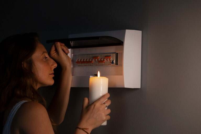 Mulher com vela na mão de frente com um quadro de luz que está caindo força